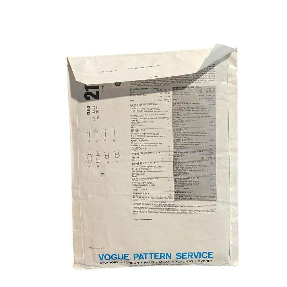 Little Vogue‎ 2177 1980s Toddlers Bibs and Bonnets Sewing Pattern Size